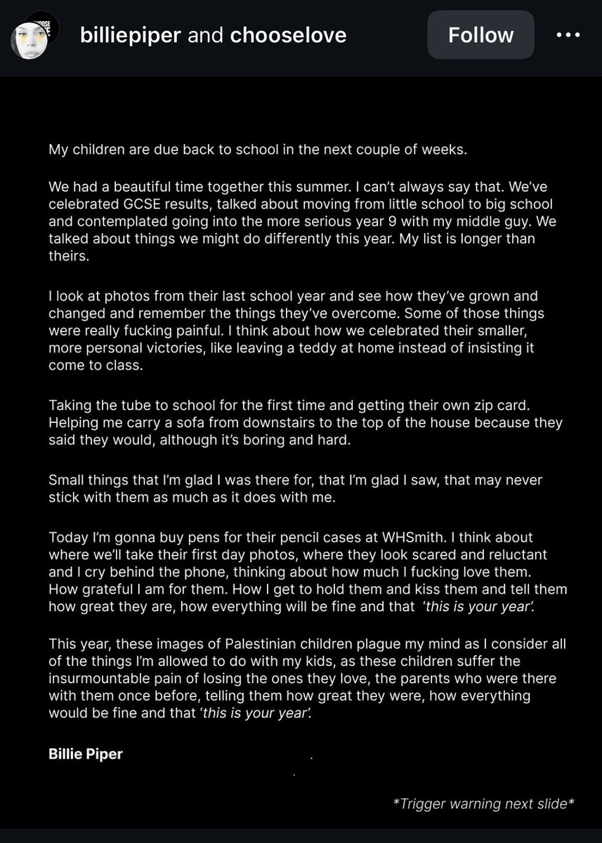 Billie posted on instagram a letter about Gaza and Palestinian children and her own children