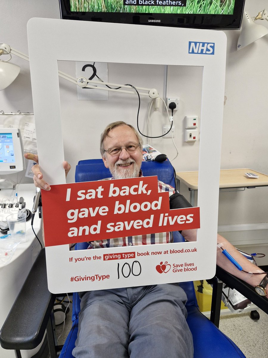 Flyingarchivist's tweet photo. Gave my 100th armful this morning! @GiveBloodNHS #givingtype https://t.co/MhNjyPR8dl