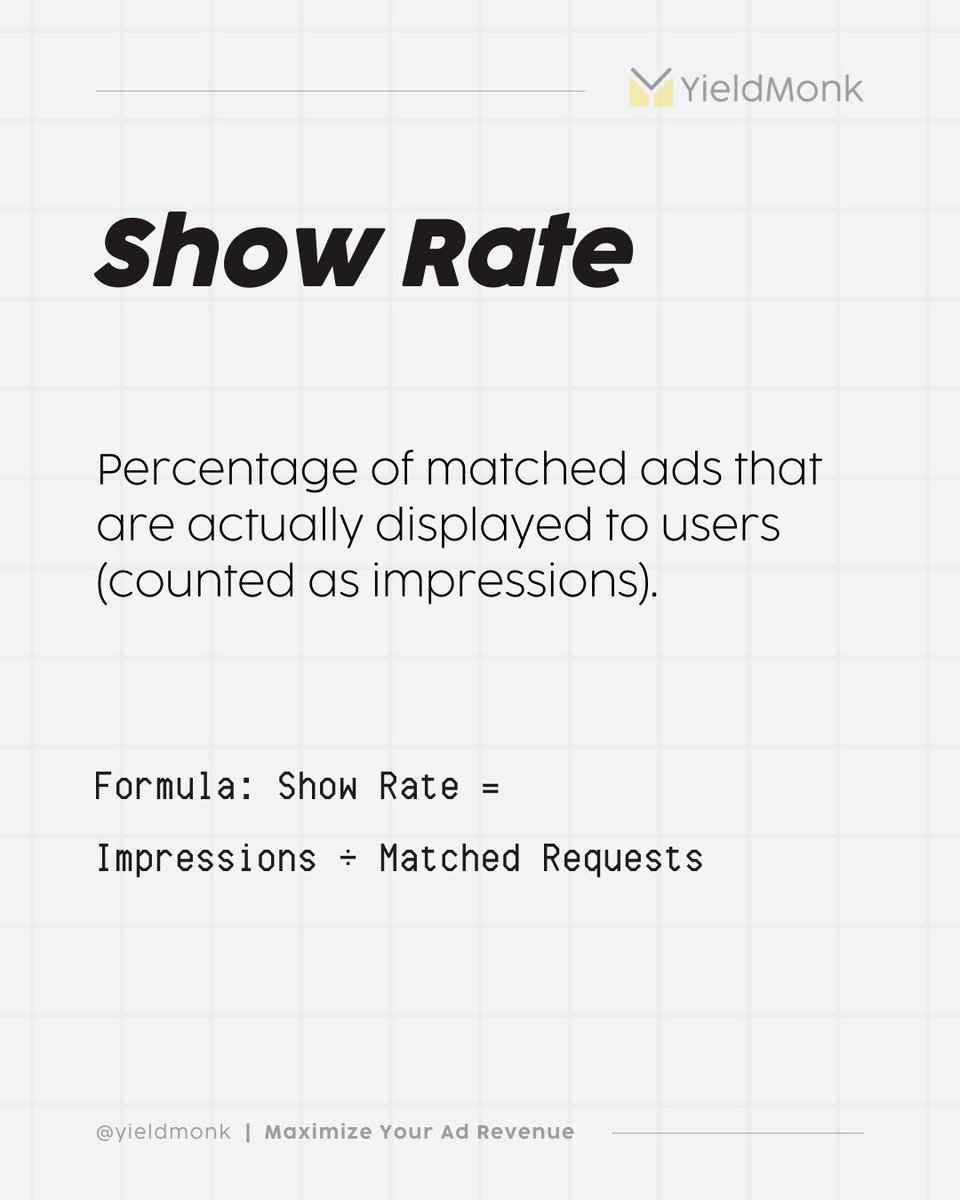 YieldMonk's tweet image. #Adrevenue isn’t just about #eCPM.
Tracking key metrics like Match Rate, Show Rate, and Win Rate will help you measure demand quality, delivery efficiency, and auction strength. These metrics directly impact monetization outcomes
Learn more: yieldmonk.com/blog/key-admob…
#adtech #admob