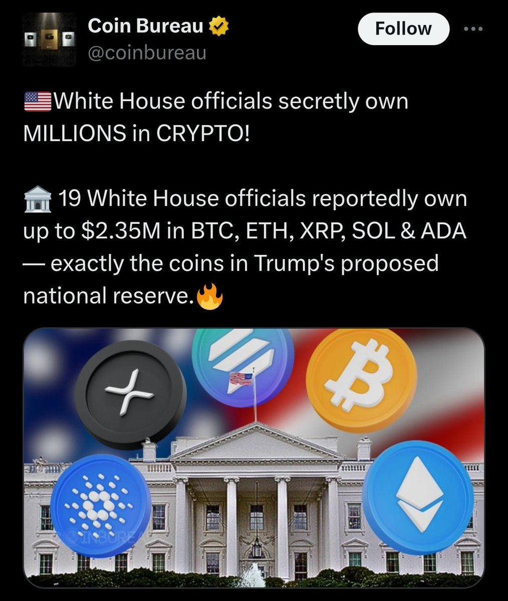 BREAKING NEWS: 

CARDANO MAKES ITS WAY INTO U.S. POWER CIRCLES😱😱😱

<a href="/coinbureau/">Coin Bureau</a>   reports 19 White House officials collectively hold $2.35M in crypto including Cardano $ADA, $BTC, $ETH, $Sol, and $XRP.

Is $ADA becoming the blockchain of choice among America’s decision-makers?