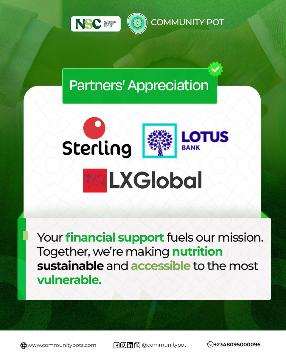 community_pot's tweet image. This week, we shine the spotlight on our amazing partners — the ones who have stood with us, believed in our vision, and helped turn it into reality. @Ikore @SUN_Movement @nutriK @wholeeatsafrica @Sterling_Bankng  @LotusBank @ChananHill @IITA_CGIAR @GAINalliance @LXGlobal