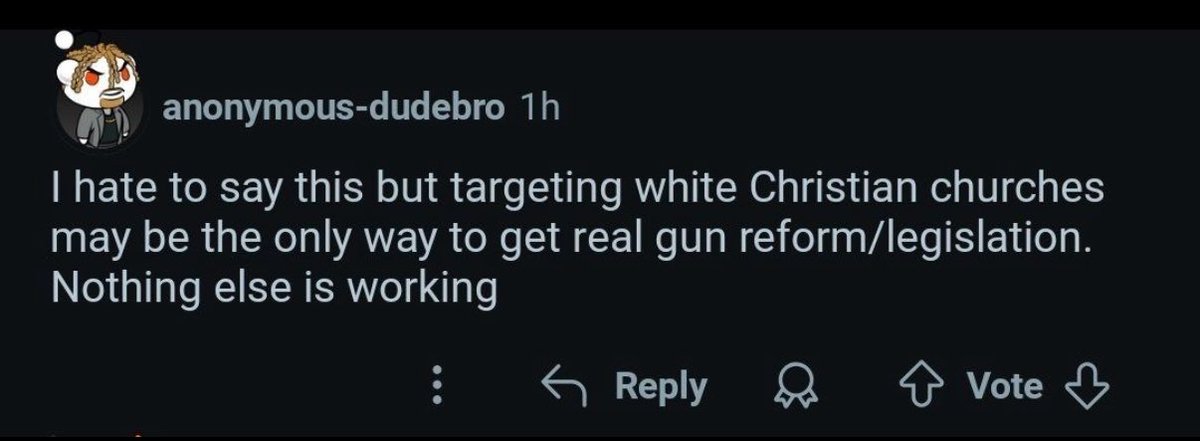 The domestic terrorist Left is now advocating for additional attacks on white Christian churches on Reddit.

The Democrat Party supports this rhetoric!