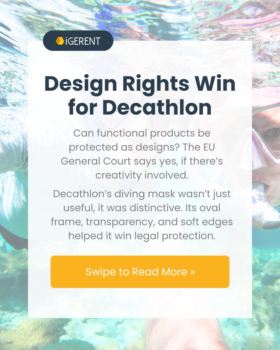 igerent's tweet image. 🎉 Design win for Decathlon!
The EU Court confirmed: the EASYBREATH mask’s look isn’t just functional, it’s protected.
Aesthetic choices matter in design law.

Need to safeguard your product?
👉 f.mtr.cool/rzzthpakme

#IPNews #DesignProtection #IndustrialDesign