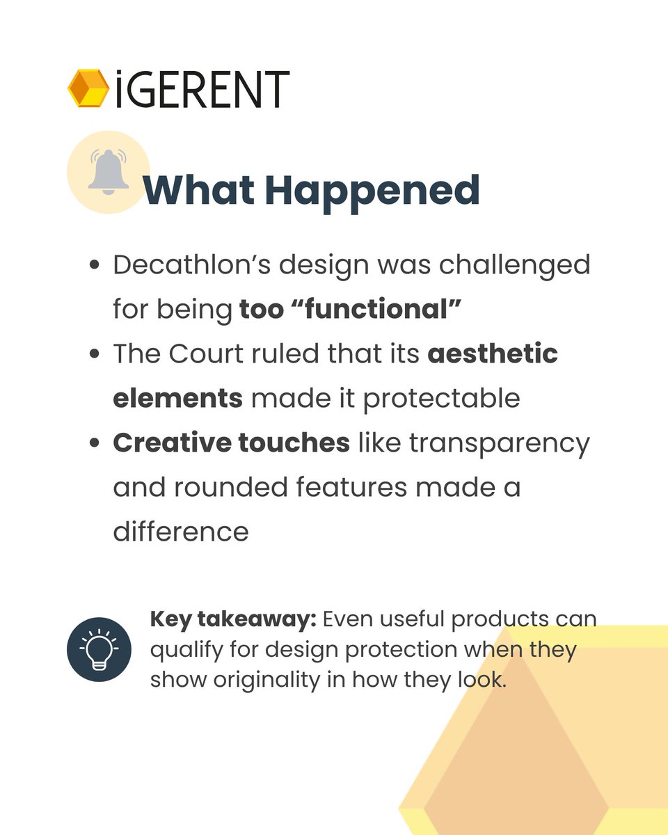 igerent's tweet image. 🎉 Design win for Decathlon!
The EU Court confirmed: the EASYBREATH mask’s look isn’t just functional, it’s protected.
Aesthetic choices matter in design law.

Need to safeguard your product?
👉 f.mtr.cool/rzzthpakme

#IPNews #DesignProtection #IndustrialDesign