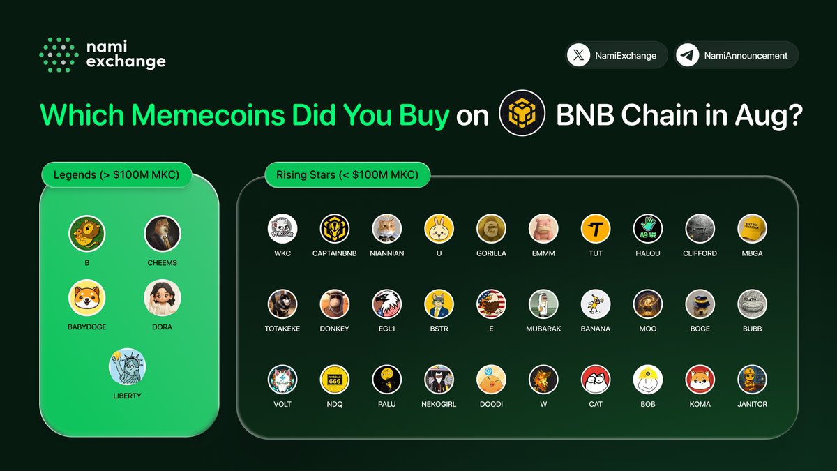 Nami.Exchange (@namiexchange) on Twitter photo 🟢 Which Memecoins Did You Buy on BNB Chain in Aug?
📈 Memecoin season on #BNBChain is heating up fast — which one do you think will be the next legends? 👀
✨ Rising Stars < $100M MKC:
• $WKC — <a href="/wikicatcoin/">Wiki Cat</a>
• #CaptainBNB — <a href="/CaptainBNB_bsc/">CaptainBNB</a>
• #NianNian — <a href="/NiannianCTO_BNB/">NiannianCTO_BNB🔶️🐈</a> 🟢 Which Memecoins Did You Buy on BNB Chain in Aug?
📈 Memecoin season on #BNBChain is heating up fast — which one do you think will be the next legends? 👀
✨ Rising Stars < $100M MKC:
• $WKC — <a href="/wikicatcoin/">Wiki Cat</a>
• #CaptainBNB — <a href="/CaptainBNB_bsc/">CaptainBNB</a>
• #NianNian — <a href="/NiannianCTO_BNB/">NiannianCTO_BNB🔶️🐈</a>