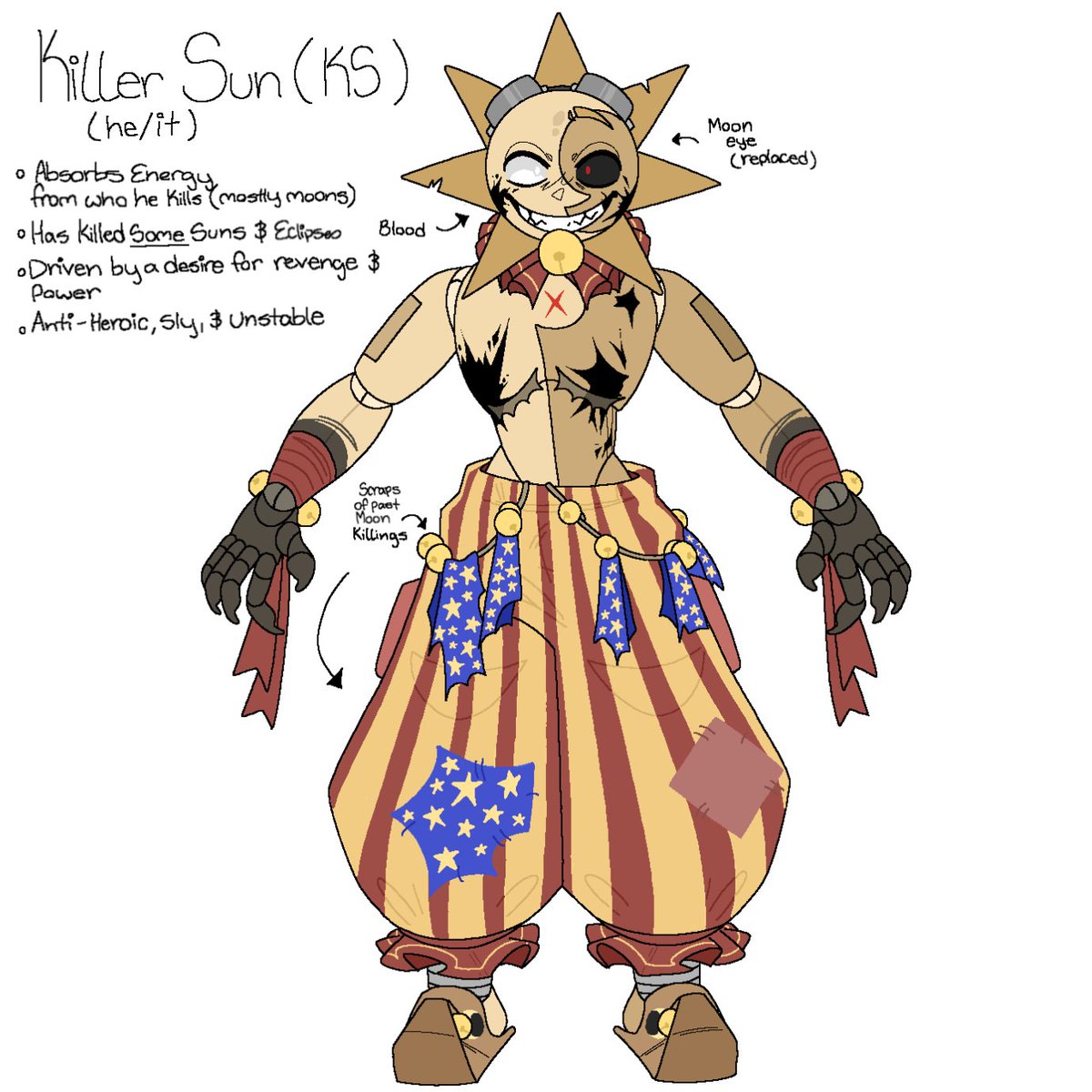 Mitso11N's tweet photo. I fixed KS once again cuz a few teeny-weeny things were bothering me,, (He's trans now lol)
(Again, Moon eye, and scrap trophy ideas were inspired by @/Sugi )
#thesunandmoonshowfanart
#thesunandmoonshow
#killersunfanart
#killersun https://t.co/5KwqRgsmTk