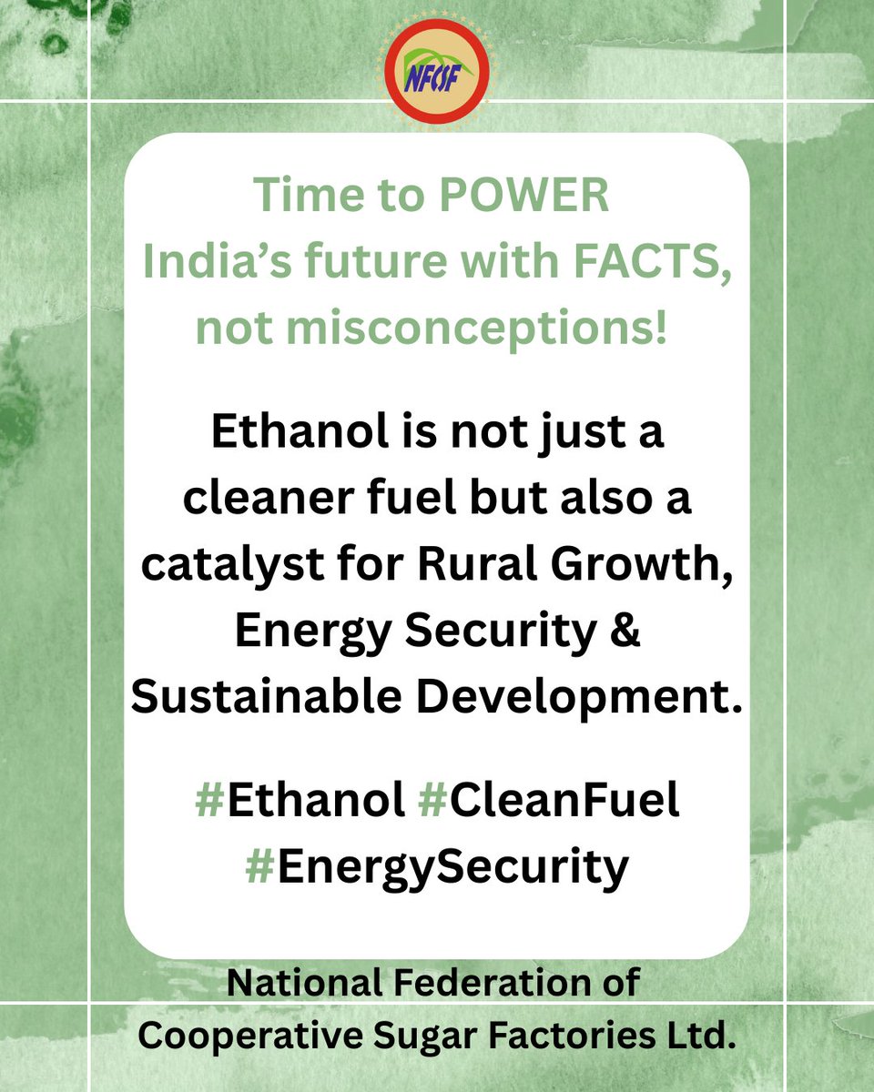 CoopSugarIndia's tweet image. Time to power India’s future with #facts , not #misconceptions . 

Ethanol is not just a cleaner fuel but also a catalyst for rural growth, energy security &amp;amp; sustainable development. 

#ethanol #CleanFuel #energytransition