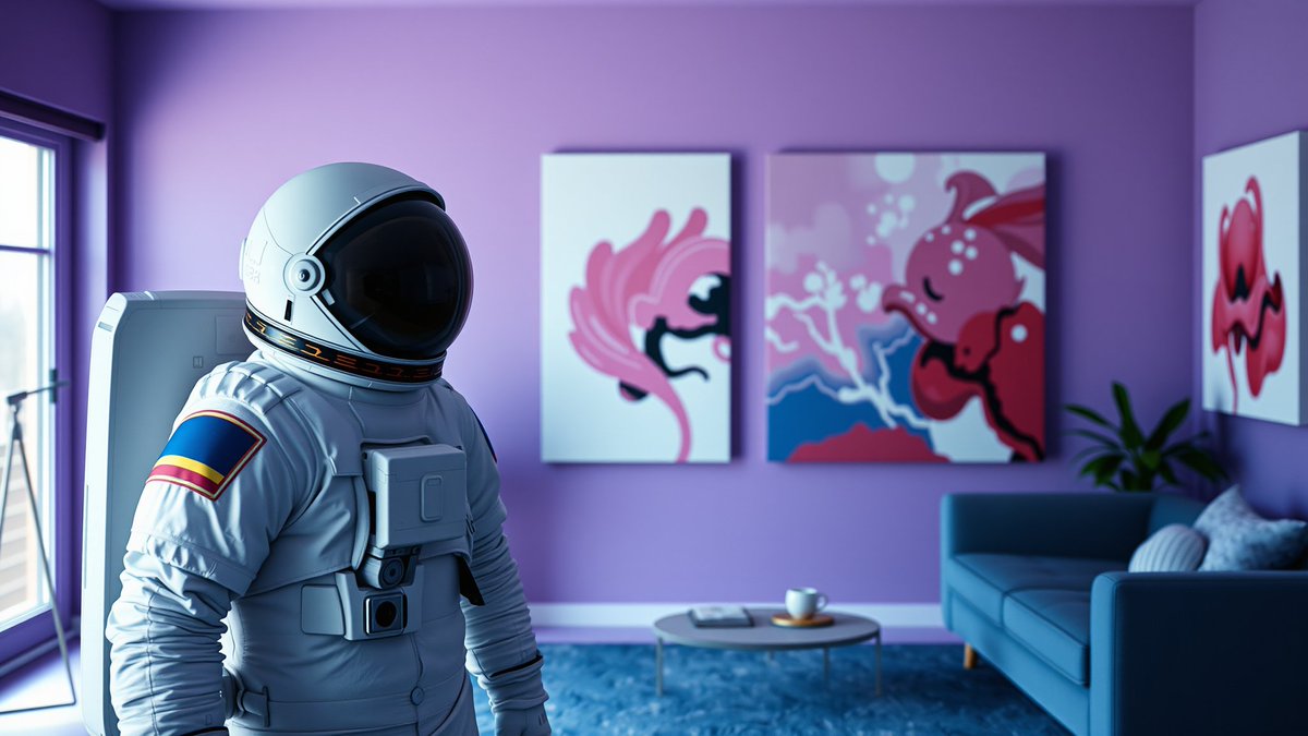 暗号のボラティリティを象徴する、紫色の部屋で抽象画を見る宇宙飛行士