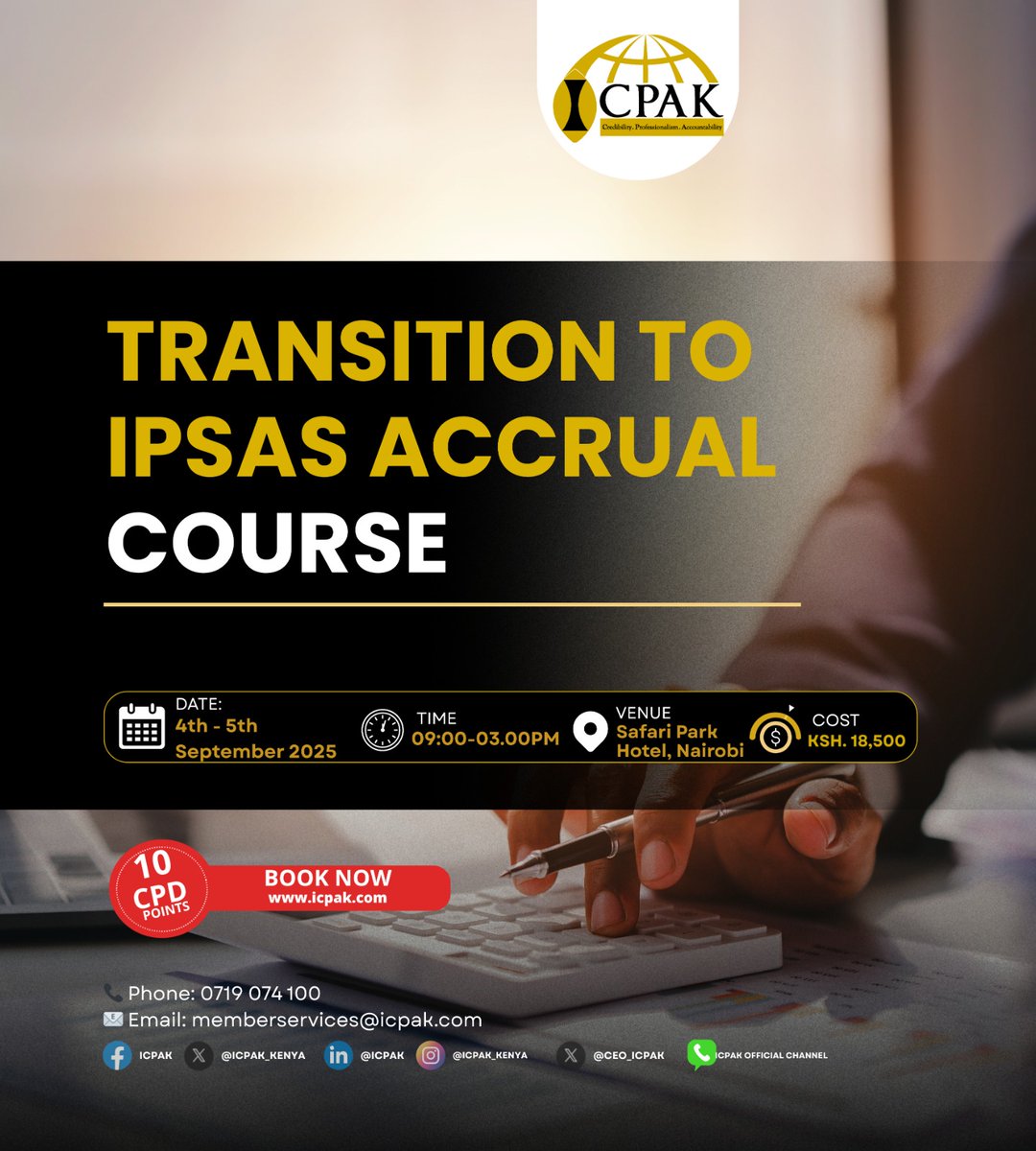 From asset recognition to change management — get step-by-step guidance on implementing IPSAS accrual successfully in your entity.
🔗 Book your place now: ow.ly/p6mh50WF5sO
#ICPAKIPSASAccrualCourse #IPSASAccrualCourse ^CA