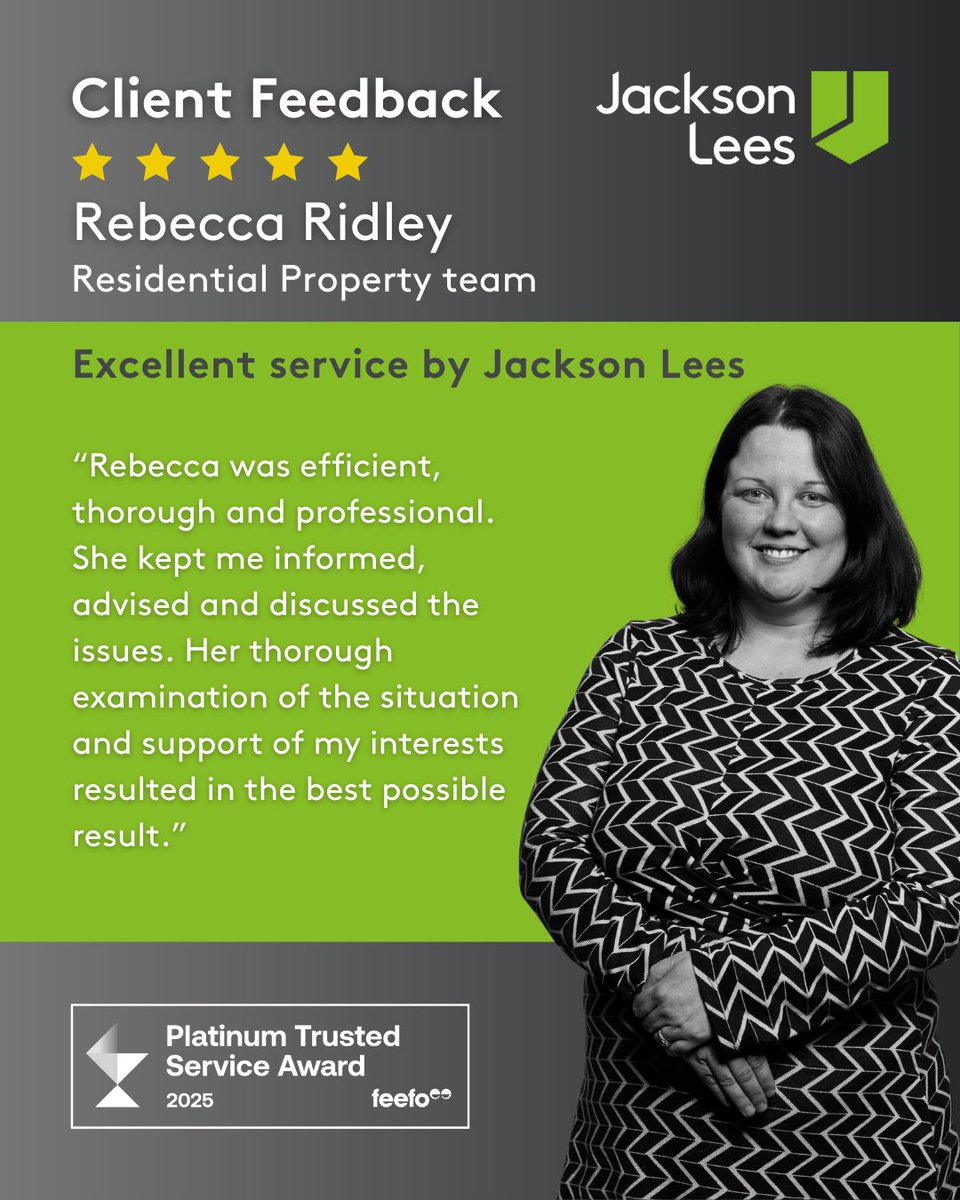 This Feedback Friday we’re spotlighting Rebecca Ridley, Senior Property Lawyer at Jackson Lees, praised for her calm, clear, and professional support.

Buying or selling a home? Our expert team is here to help: ow.ly/QMHR50WmnV0

#JacksonLees #ClientReview #FeedbackFriday