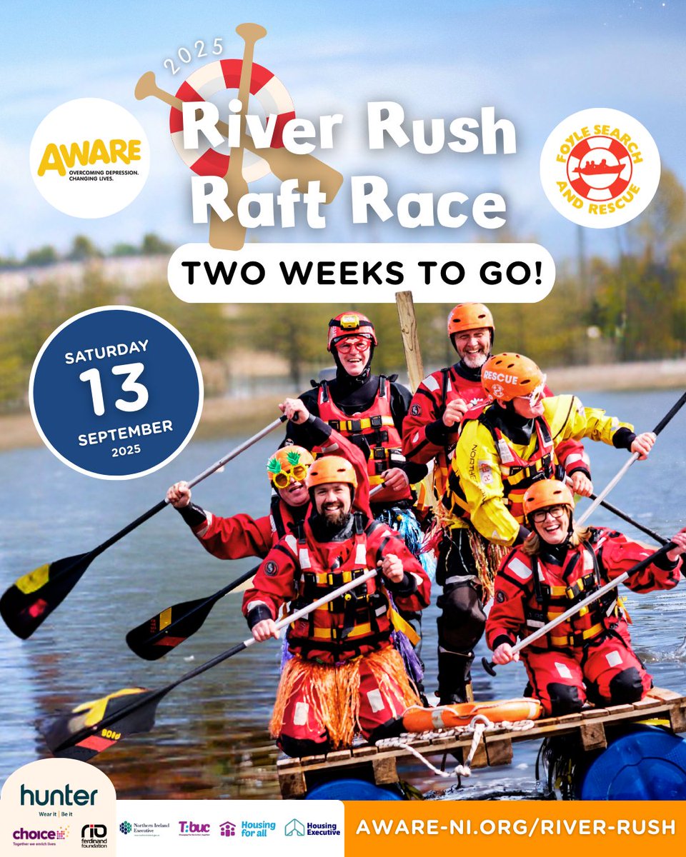 ⏰ TIME IS RUNNING OUT! Only 2 WEEKS until the River Rush Raft Race! 🚣‍♀️💦

Don’t miss your chance to paddle, plunge, and make a splash down the beautiful River Foyle on Saturday, 13 September 2025!

👉 SIGN UP BEFORE IT’S TOO LATE: aware-ni.org/river-rush
