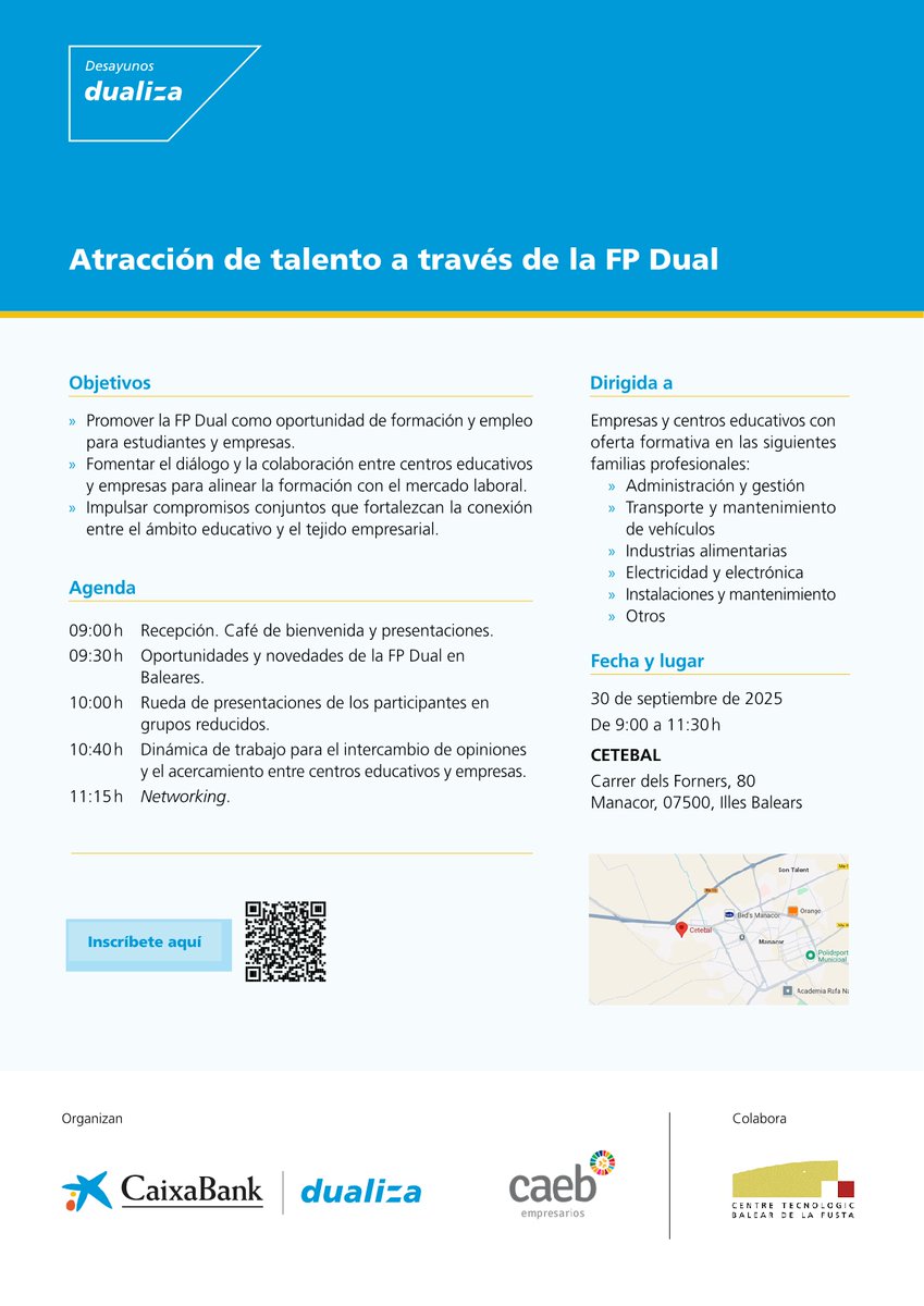 CAEB (@caeb) on Twitter photo 🎒En #septiembre estaremos en #Manacor con un nuevo #DesayunoCAEBDUALIZA para el impulso de la #FPDUAL, organizado de la mano de <a href="/CABK_Dualiza/">CaixaBank Dualiza</a> y con la colaboración de <a href="/FFSCETEBAL/">FED FUSTA IB - CETEBAL</a>
📌Encuentro dirigido a #empresas y #centroseducativos con oferta formativa en las siguientes 🎒En #septiembre estaremos en #Manacor con un nuevo #DesayunoCAEBDUALIZA para el impulso de la #FPDUAL, organizado de la mano de <a href="/CABK_Dualiza/">CaixaBank Dualiza</a> y con la colaboración de <a href="/FFSCETEBAL/">FED FUSTA IB - CETEBAL</a>
📌Encuentro dirigido a #empresas y #centroseducativos con oferta formativa en las siguientes