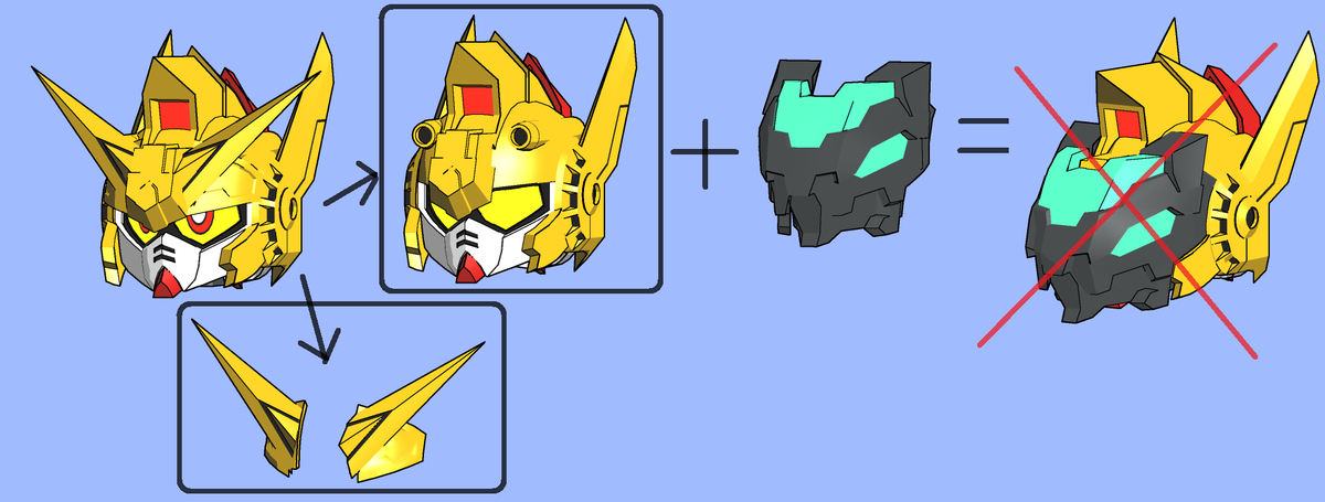 DivideTW's tweet image. ●ガンダム・ザ・ゴールド_おでこパージ
　タンクマスク装着時、干渉部位はパージされるんですが、資料よく見たらRX-78でいう額の赤い部位もとれてる…

だもんで、雑に処理してた部分をくり抜きパージ可能+キャノン時のカバーもでっち上げ。
タンクマスク作り直しか；；
あと鞘の進捗も。
#SDガンダム