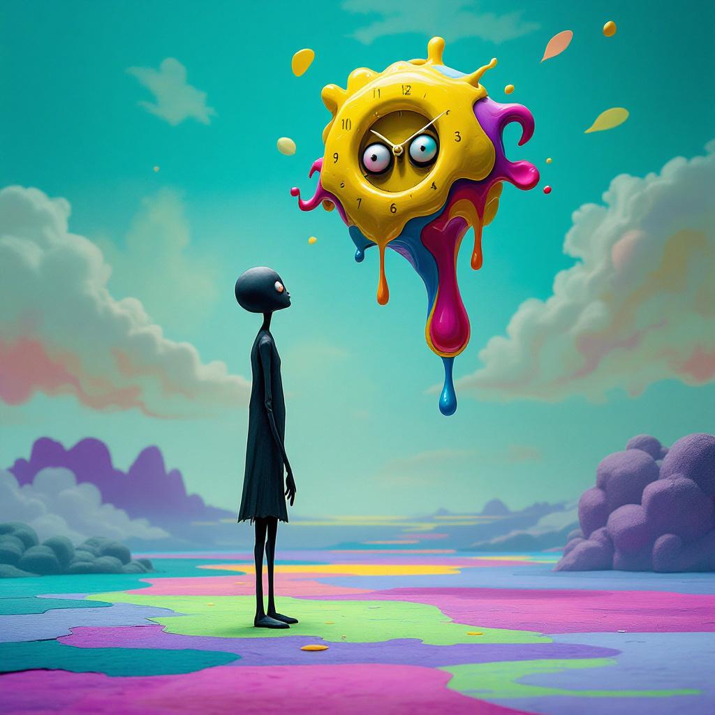 PromptSin's tweet image. Time&apos;s slipping away—better enjoy every colorful moment! 🌈🕰️ Who&apos;s your dream clock buddy? #SurrealVibes