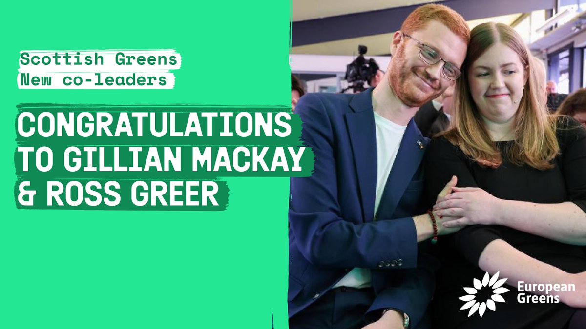 🌻Congrats to the new co-leaders of the <a href="/scottishgreens/">Scottish Greens</a>: <a href="/GillianMacMSP/">Gillian Mackay MSP</a> &amp; <a href="/Ross_Greer/">Ross Greer</a>. 

Together, they will keep fighting for social and economic equality, fairness and a more sustainable future.

💚Thank you to the outgoing leaders <a href="/lornaslater/">Lorna Slater</a> &amp; <a href="/patrickharvie/">Patrick Harvie 🇪🇺🌈</a>.