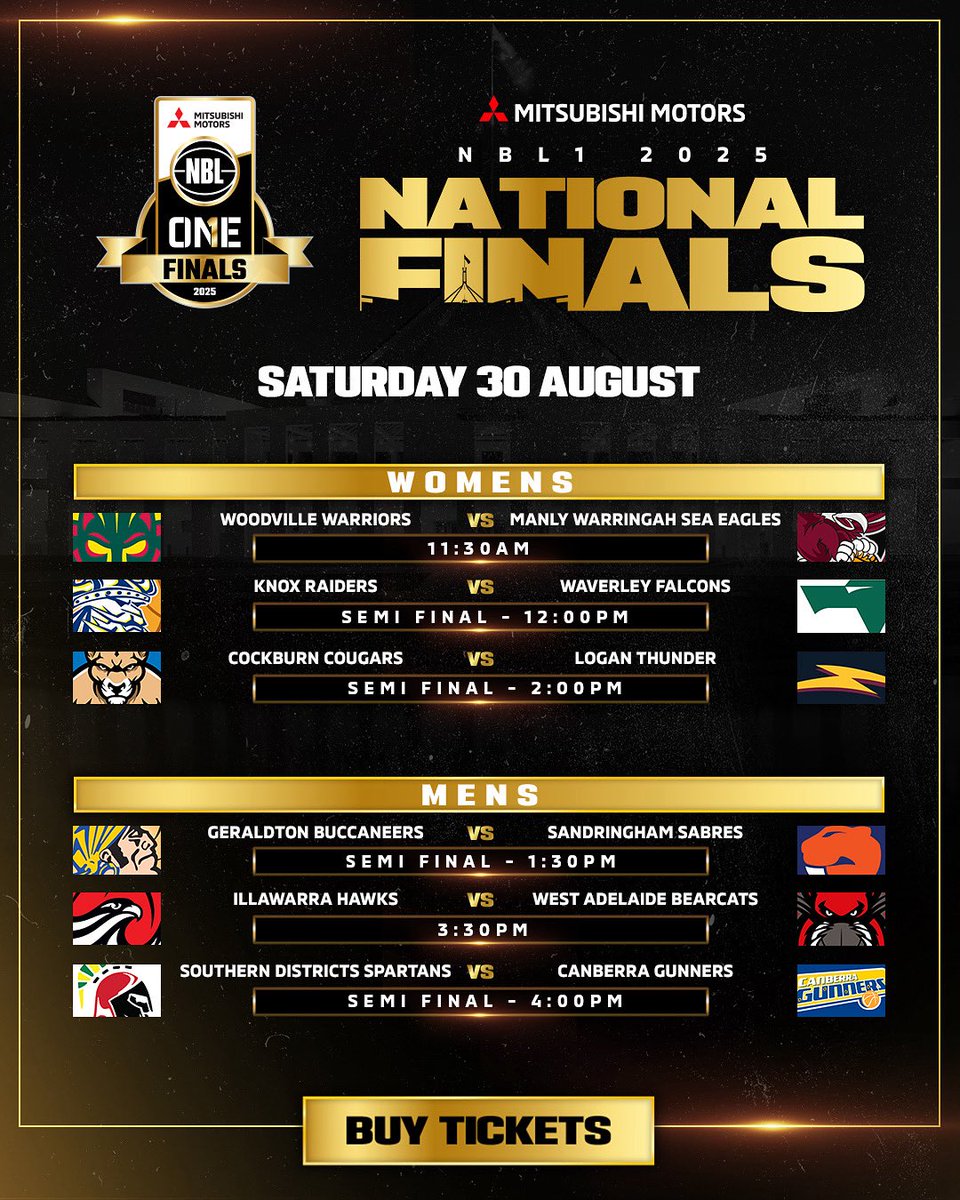 Saturday’s fixture is set for the Mitsubishi Motors NBL1 National Finals in Canberra! 🔥

Four teams left in each division, and we are one day closer to crowning our national champions! 

Grab your tickets here: intix.com.au/event/nbl1-nat…