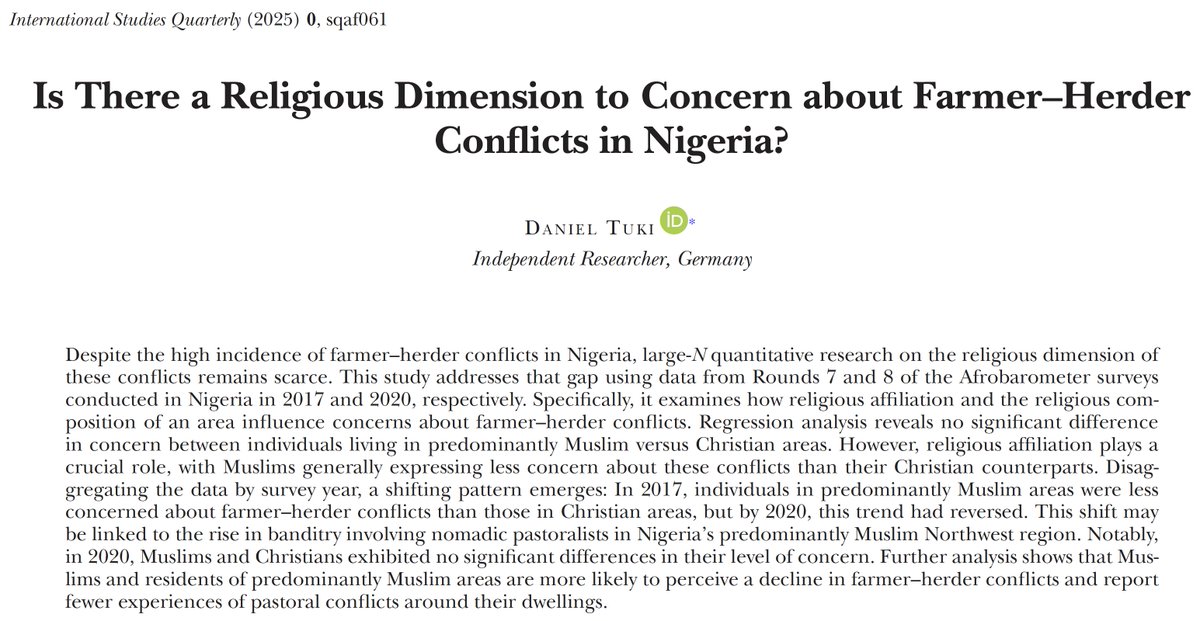 New publication: My latest article in ISQ discusses how disputes over land and water resources turn religious, thereby becoming more violent and intractable.
doi.org/10.1093/isq/sq…