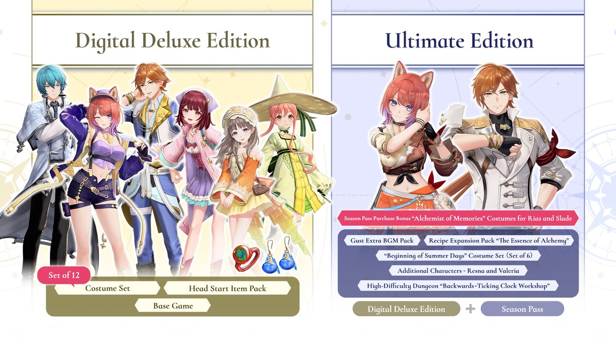 Digital pre-orders have now opened for Atelier Resleriana: The Red Alchemist &amp; the White Guardian.

⚗️bit.ly/3BnRNRF

As you can see, we have early and pre-order bonuses, as well as digital deluxe and ultimate versions, too!

#AtelierResRW