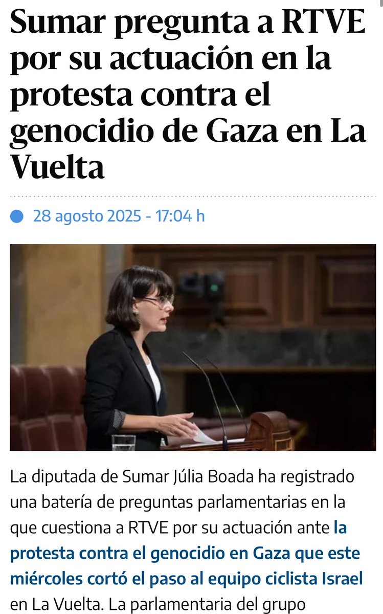 Hem demanat explicacions a RTVE sobre la retransmissió de les protestes contra el genocidi de Gaza durant La Vuelta ciclista. 

Les expressions ciutadanes exigint la retirada de l’equip “Isarel Premier Tech” formen part d’aquest esdeveniment esportiu!! 

eldiario.es/politica/ultim…