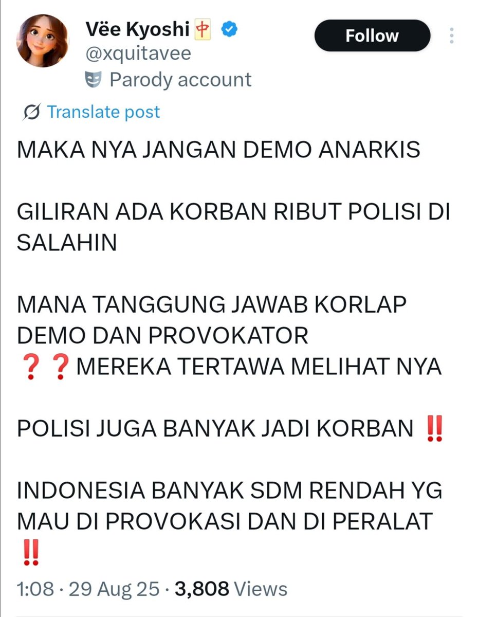 𝐃𝐚𝐭𝐨' 𝐏𝐚𝐧𝐝𝐮𝐭𝐨 (@datukpanduto_) on Twitter photo Mhn jaga mulut kalo
<a href="/xquitavee/">Vëe Kyoshi🀄</a> ‼️
Jgn mengina masa demonstran. Anggota DPR & pejabat aja jadi buronan masa apalagi kao yg cuma akun termul receh. Siap2 aja kao dicari masa ‼️ Mhn jaga mulut kalo
<a href="/xquitavee/">Vëe Kyoshi🀄</a> ‼️
Jgn mengina masa demonstran. Anggota DPR & pejabat aja jadi buronan masa apalagi kao yg cuma akun termul receh. Siap2 aja kao dicari masa ‼️
