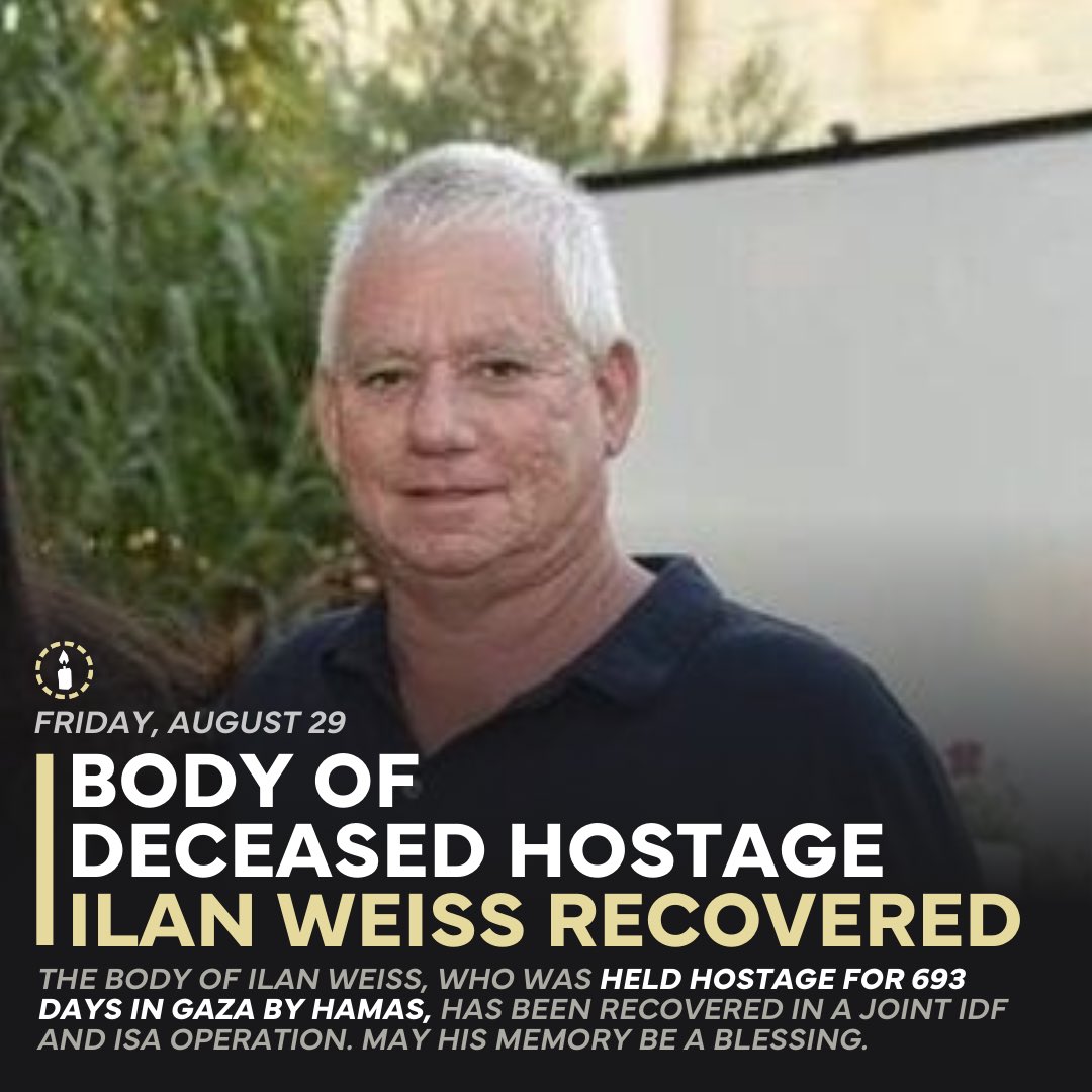 Body of Deceased Hostage Ilan Weiss Recovered

The body of Ilan Weiss, who was held hostage for 693 days in Gaza, has been recovered in a joint IDF and ISA military operation.

Ilan was from kibbutz Be’eri and left his home on the morning of October 7 to join the kibbutz