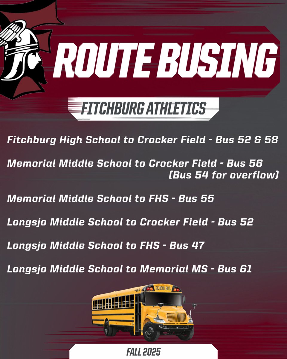 ATTENTION ALL RED &amp; GRAY STUDENT-ATHLETES!!! As you begin planning for your daily transportation please see the details below for the Route Buses being offered for Athletics games/practices to Crocker Field and FHS from Memorial, Longsjo, and FHS as well. #AllHailtoTheRedandGray