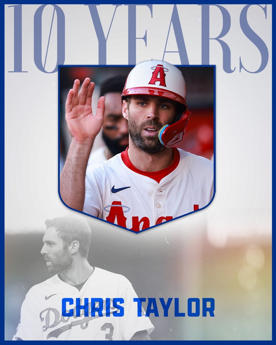 MLBPA's tweet photo. As part of an ongoing campaign, the MLBPA each season recognizes those who reach 10 Years of Service Time -- the holy grail for Players. Today, we tip our caps to Chris Taylor, who achieved the feat this August!

Taylor was drafted by the Seattle Mariners in 2012 and made his MLB debut two years later. In 2016 he was traded to the Los Angeles Dodgers. Chris thrived as a multi-position player in LA, making the 2021 All-Star team, winning two World Series rings, and being named 2017 NLCS MVP as he grew into a Dodgers fan favorite. In 2025 he made the switch across town when he was traded to the Los Angeles @Angels. Congrats on reaching 10 years, Chris!