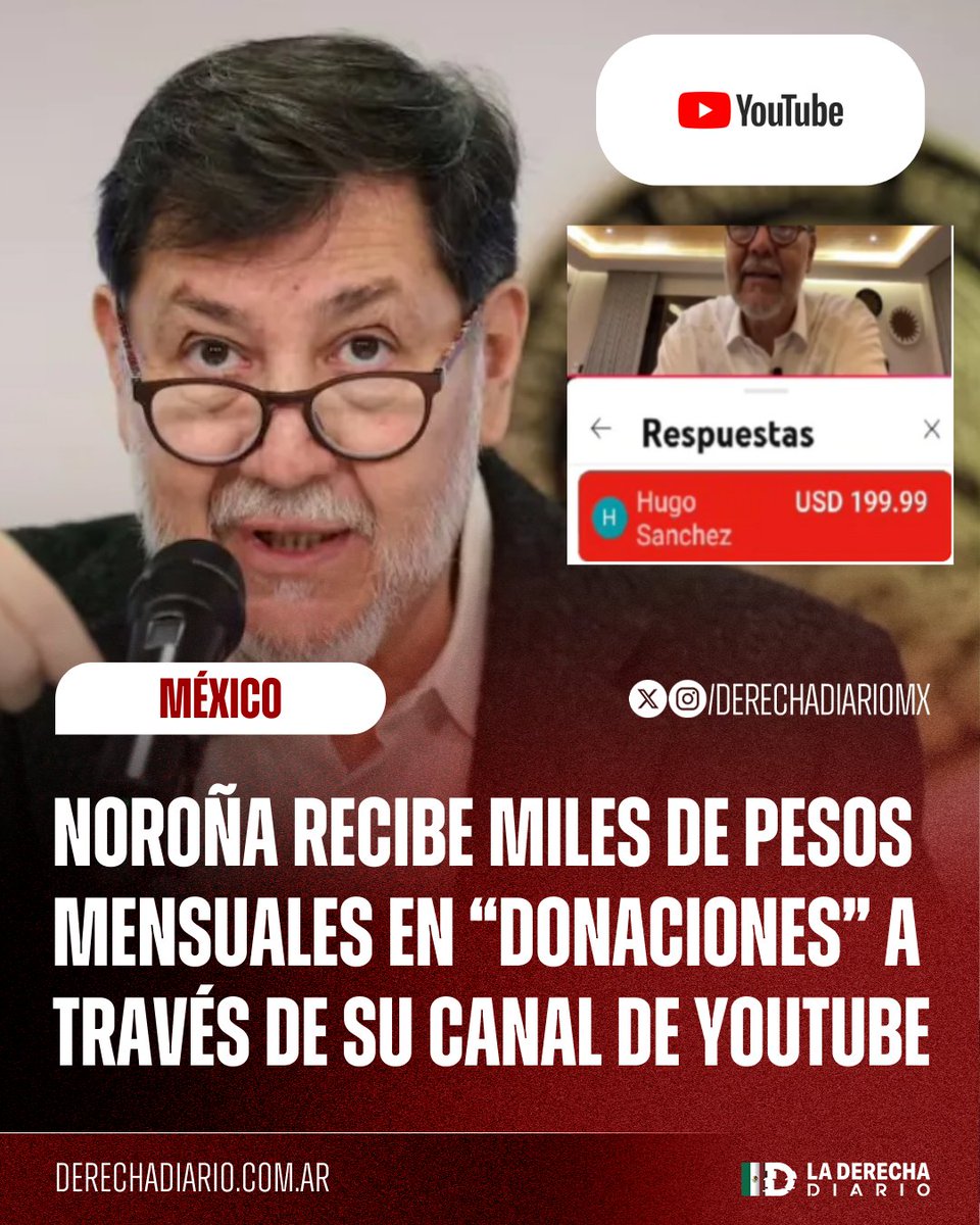 DerechaDiarioMX's tweet photo. 🚨🇲🇽 | APESTA A LAVADO: El infame changoleón autoritario Gerardo Fernández Noroña recibe mensualmente cientos de miles de pesos como "donaciones" a través de su canal de YouTube por parte de cuentas misteriosas que le envían entre $100 y $200 dólares durante cada una de sus transmisiones en vivo.
