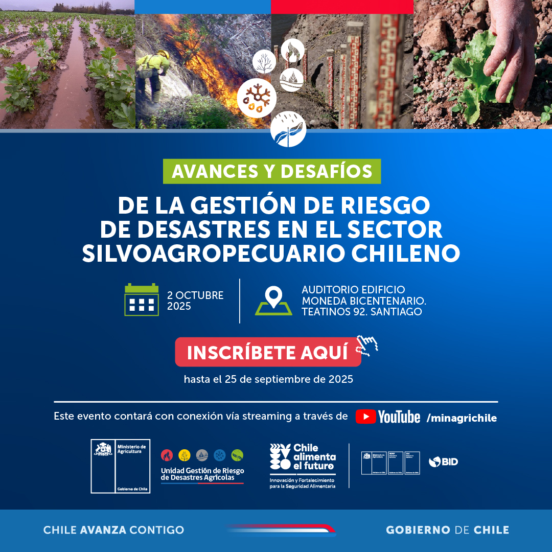 Reserve el 2 de octubre para asistir a nuestro Seminario Avances y desafíos de la gestión de riesgos de desastres en el sector silvoagropecuario chileno, a las 09:00 hrs.
Lugar: Teatinos 92, Santiago
Inscripción (hasta el 25 sep.) en:
forms.gle/ocFFnU9Aq6UdhQ…
<a href="/MinagriCL/">Ministerio de Agricultura de Chile 🇨🇱</a> <a href="/el_BID/">Banco Interamericano de Desarrollo</a>