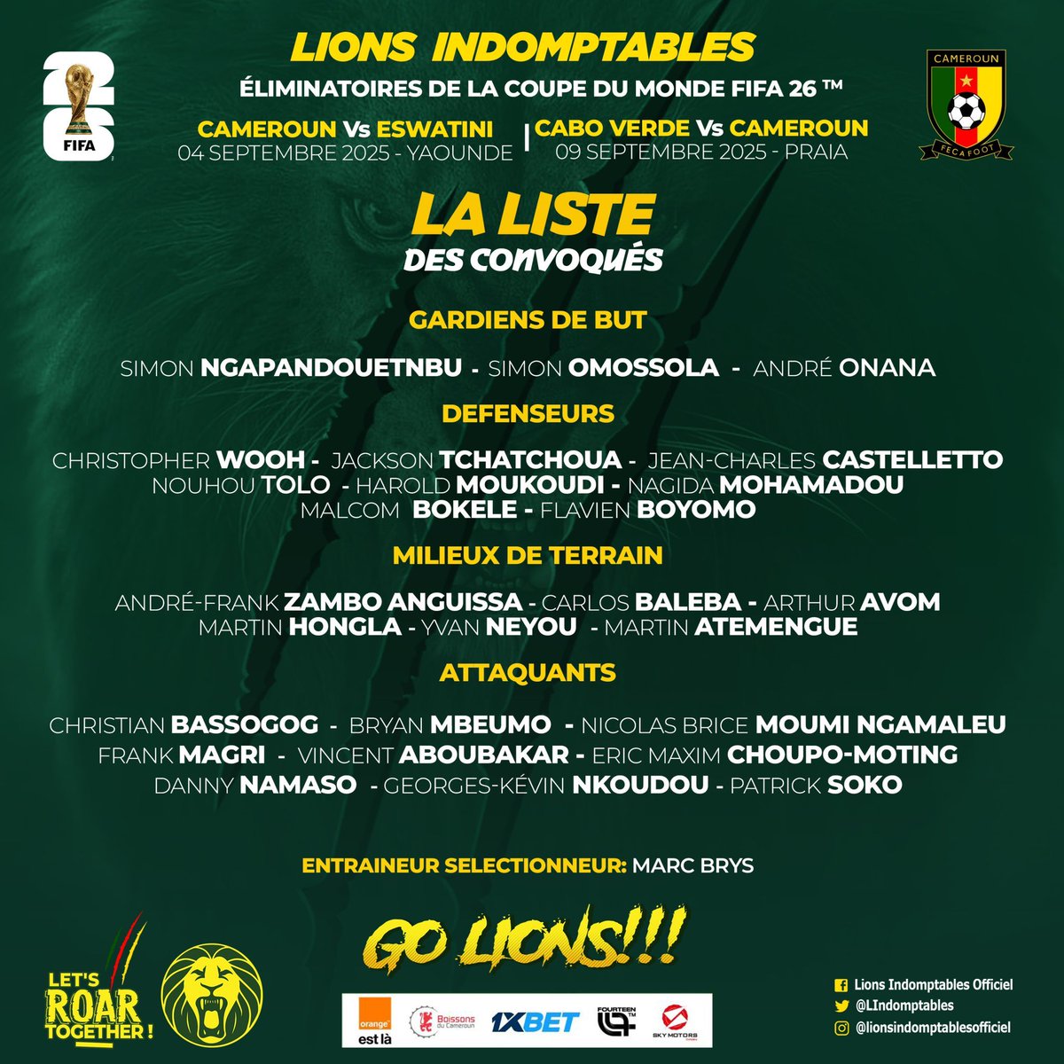 Nicolas_Paez_'s tweet photo. #OFFICIEL | #FECAFOOT 🚨 🇨🇲
Marc #BRYS dévoile sa liste des sélectionnés pour les éliminatoires de la Coupe du monde FIFA 26 https://t.co/mViDD4H5tq