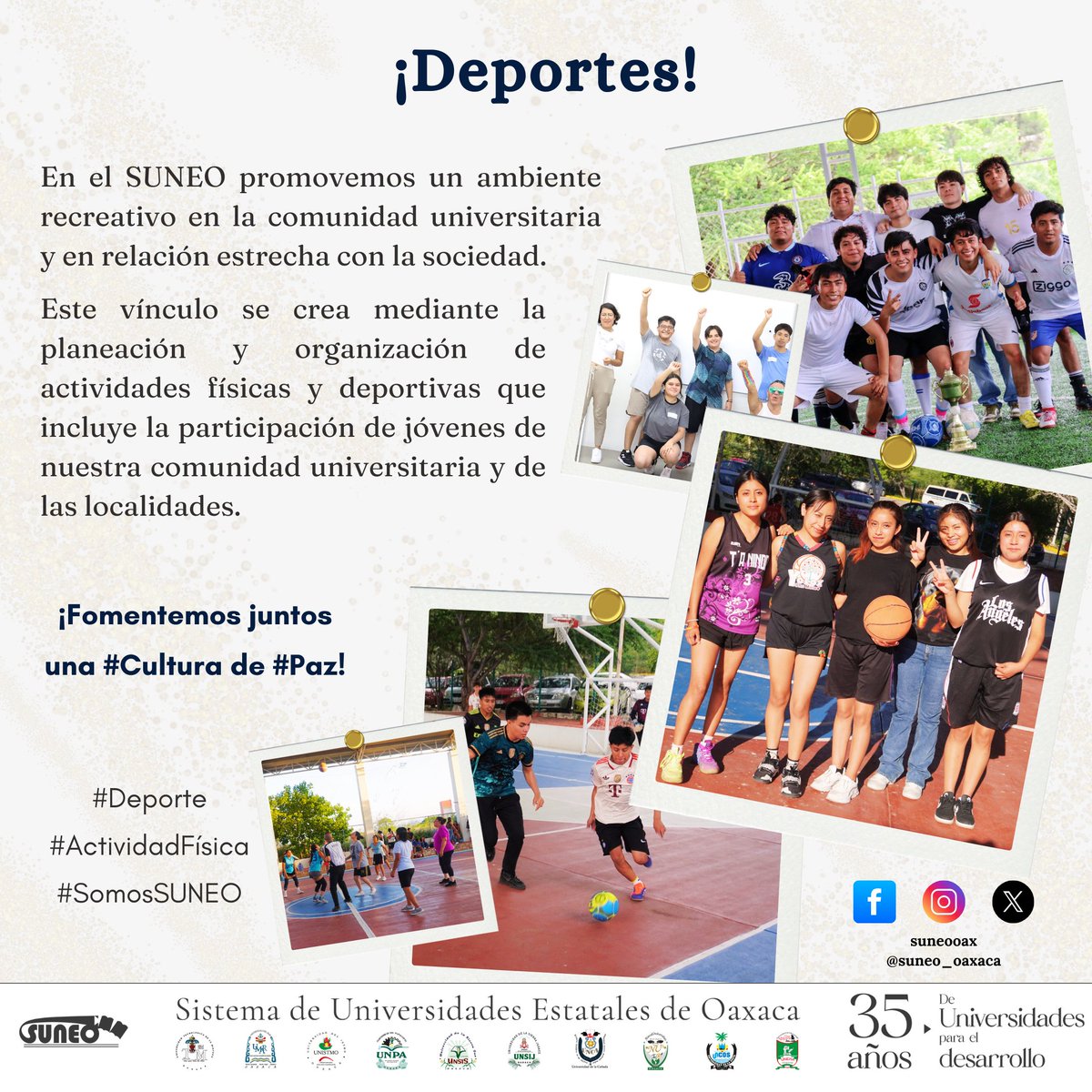 SUNEO_Oaxaca's tweet image. ¡En el SUNEO promovemos un ambiente recreativo en la comunidad universitaria y en relación estrecha con la sociedad! 🏀⛹🏻🤾🏻‍♀️⚽⛹🏻‍♀️🏐¡Fomentemos juntos una cultura de paz! 🕊️
.
#SUNEO #Deporte #Oaxaca #EducaciónDeCalidad #CulturaDePaz #ActividadesFísicas