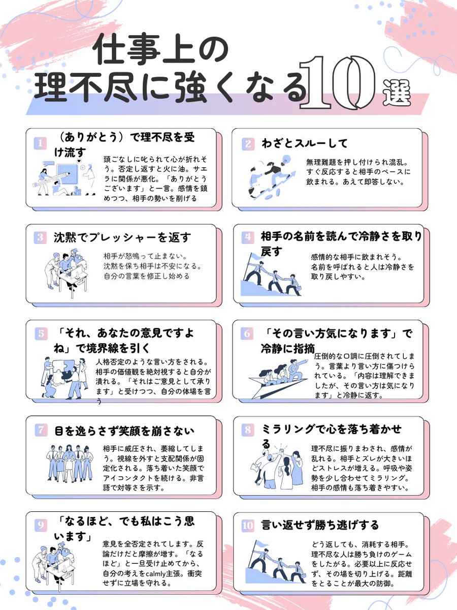 79hjxd7vUzkizxD's tweet photo. 仕事で避けられないのが、理不尽。
正面からぶつかるほど、心も時間も削られてしまいます。
大切なのは、感情に流されず「冷静にかわす力」。
相手を変えるより、自分の対応力を磨いた方が早いです。
今回は、上司や取引先の理不尽に振り回されないための
👉「強くなる10の対処法」をまとめました。
保存して、いざという時に使ってください。