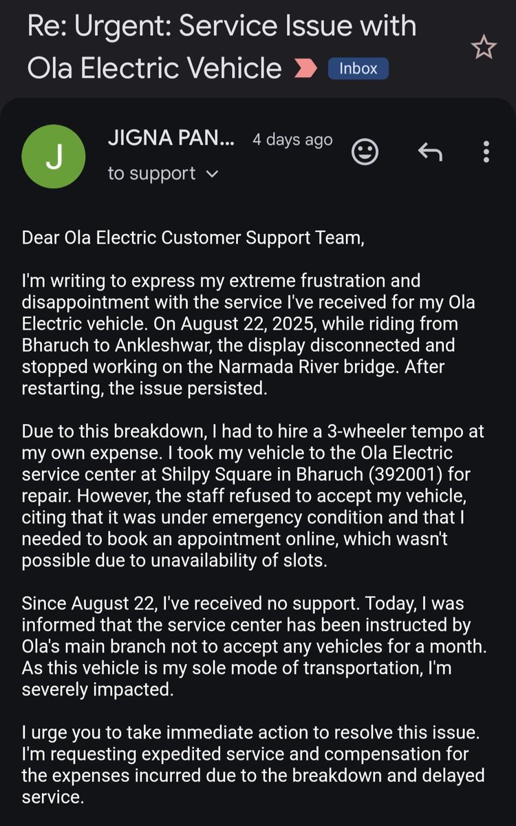 jignabharuch's tweet photo. Frustrating experience with @OlaElectric! Broken down on the road and unable to get timely service support. 7 days gone, still no resolution despite multiple follow-up emails to customer care. Email attched. @OlaElectricSupport @OlaElectric @bhash @nitin_gadkari pl. Help https://t.co/WteVPxwlnW