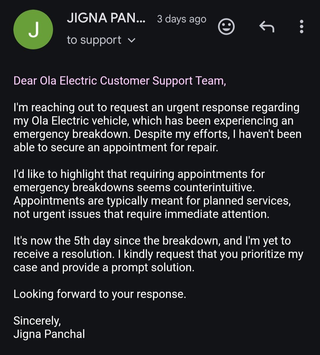 jignabharuch's tweet photo. Frustrating experience with @OlaElectric! Broken down on the road and unable to get timely service support. 7 days gone, still no resolution despite multiple follow-up emails to customer care. Email attched. @OlaElectricSupport @OlaElectric @bhash @nitin_gadkari pl. Help https://t.co/WteVPxwlnW