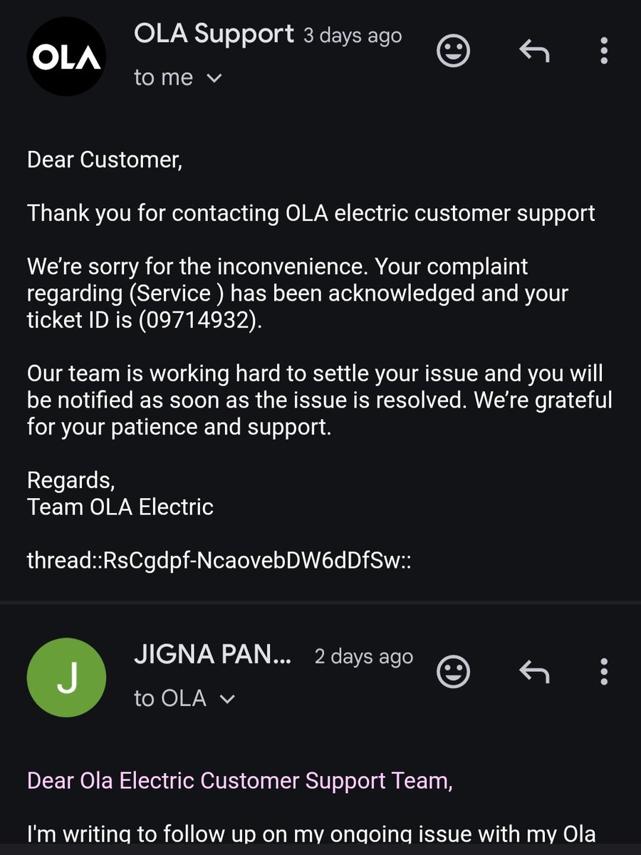 jignabharuch's tweet photo. Frustrating experience with @OlaElectric! Broken down on the road and unable to get timely service support. 7 days gone, still no resolution despite multiple follow-up emails to customer care. Email attched. @OlaElectricSupport @OlaElectric @bhash @nitin_gadkari pl. Help https://t.co/WteVPxwlnW