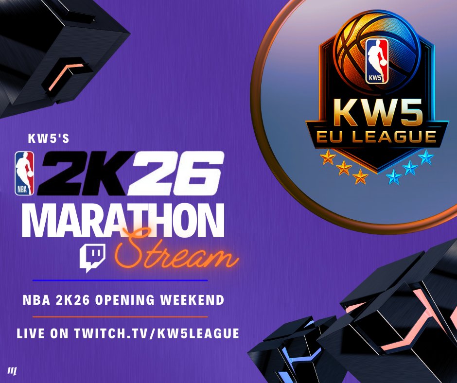 Come and check out KW5's Marathon Stream Starting At 4:50pm UK / 5:50pm CET
- Different Guests
- Builder Chat
- Different Modes
- Rep Grinding
- 2K26 Chat
- Prizes &amp; Giveaways

- Twitch.tv/KW5League