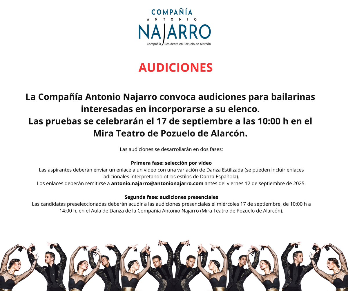 🔊 AUDICIONES

La Compañía Antonio Najarro convoca audiciones para bailarinas interesadas en incorporarse a su elenco.