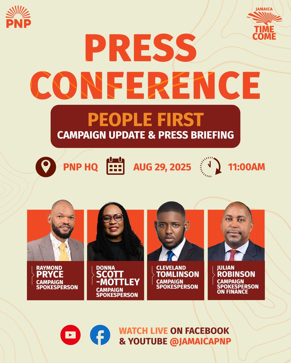 JamaicaPNP's tweet image. Join us today, August 29, 2025 at 11 AM.

With campaign spokespersons Raymond Pryce, Donna Scott-Mottley, Cleveland Tomlinson and Julian Robinson as they provide key campaign updates and address issues that matter most to Jamaicans.

Stay tuned and join us LIVE on Facebook and…