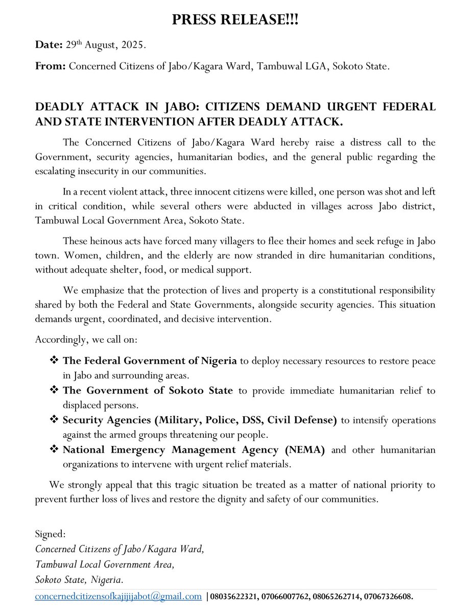 UsamaMuhammadU1's tweet photo. Concerned Citizens of Jabo/Kagara call on FG, Sokoto Govt & security agencies to restore peace & protect our people. #SecureOurCommunities https://t.co/ark0xZ4KzI