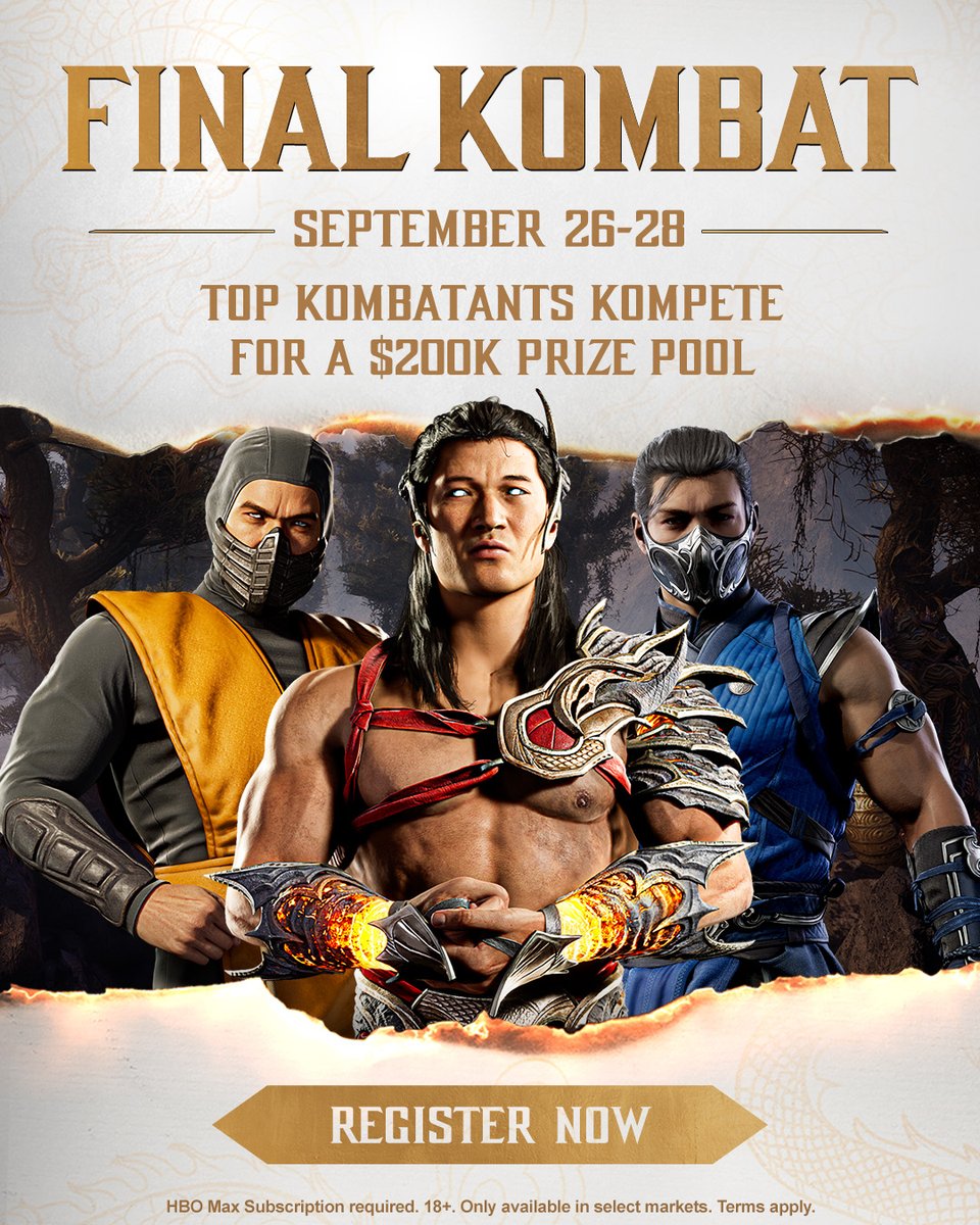 Mortal Kombat 1 (@mortalkombat) on Twitter photo The kombat you’ve witnessed is only the beginning. Don’t miss Final Kombat, September 26-28, streaming on <a href="/hbomax/">HBO Max</a>. #MK1
Register now: start.gg/Finalkombat The kombat you’ve witnessed is only the beginning. Don’t miss Final Kombat, September 26-28, streaming on <a href="/hbomax/">HBO Max</a>. #MK1
Register now: start.gg/Finalkombat