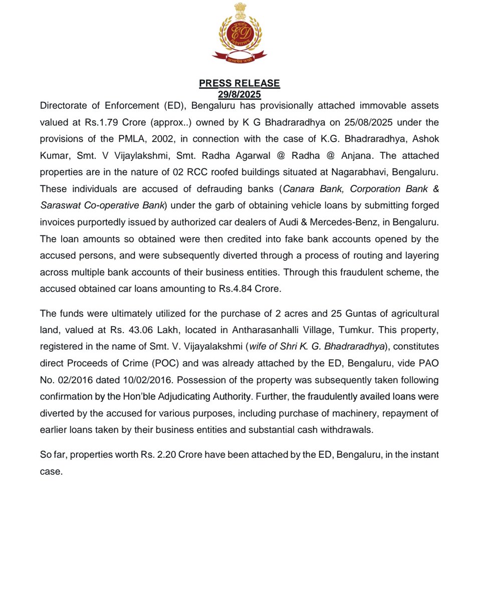 path2shah's tweet image. ED has provisionally attached immovable assets in the form of 02 RCC roofed buildings situated at Nagarabhavi,#Bengaluru valued at ₹1.79 Cr owned by K G Bhadraradhya under #PMLA,in a matter related to defrauding banks (#CanaraBank,Corporation Bank &amp;amp; Saraswat Co-operative Bank) .