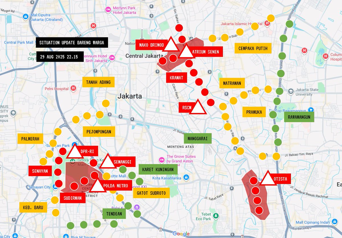 UPDATE LAPANGAN SELA 22.15 - 29 AUG 25

OTISTA ZONA MERAH, KERUSUHAN DI OTISTA.

HINDARI DAERAH MERAH.  JIKA ANDA ADA DI DAERAH MERAH, TINGKATKAN WASPADA, JAGA DIRI, JAGA SESAMA, JANGAN SENDIRIAN.

SITUASI TERUS BERUBAH, JANGAN JADIKAN TWEET INI SEBAGAI SATU-SATUNYA PANDUAN.