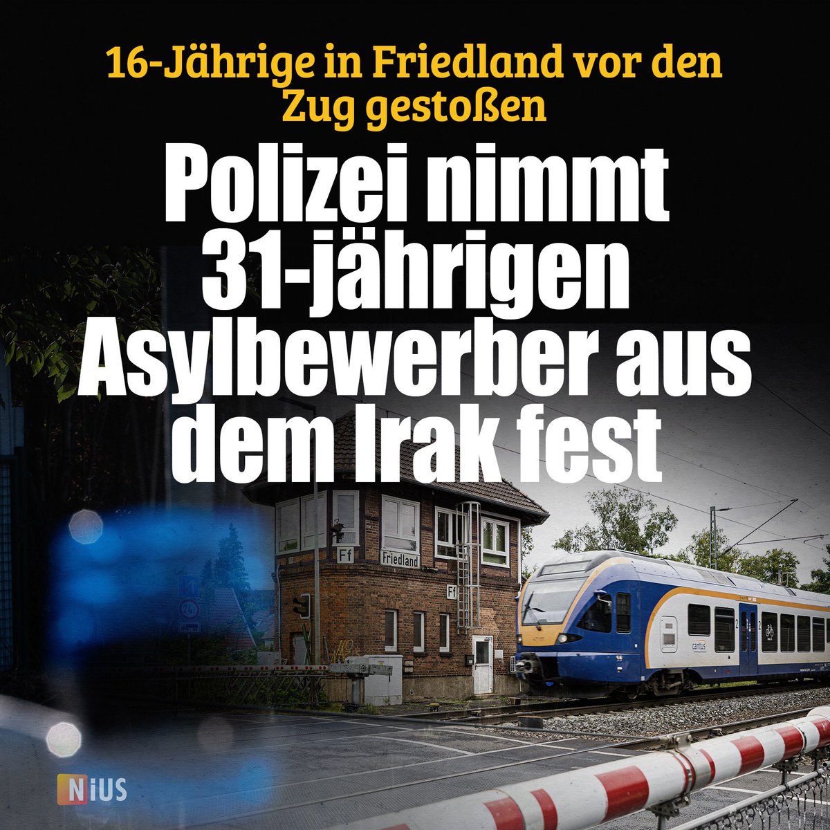 🔴Dramatische Wende im Fall einer 16-Jährigen, die Mitte August in Friedland von einem Zug erfasst worden war. Die Polizei nahm einen Iraker fest, der zur Tat alkoholisiert gewesen ist – und im Verdacht steht, das Mädchen vor den Zug gestoßen zu haben. nius.de/kriminalitaet/…