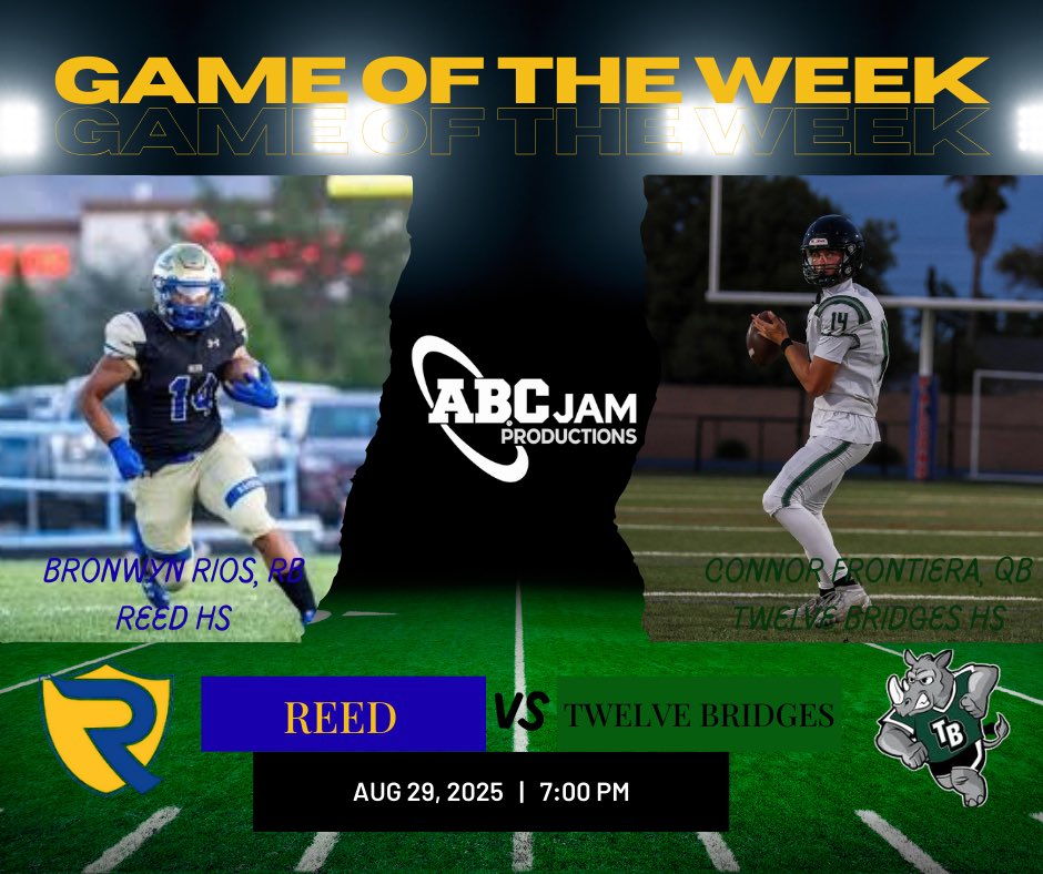 Week 1 is here and we are bringing you coverage of 2 more big games. Join our live coverage of <a href="/Reed_Raiders/">Reed Raiders Football</a> and <a href="/12BridgesFball/">Twelve Bridges Raging Rhinos Football</a> if you can’t make it out.

nfhsnetwork.com/events/abc-jam…