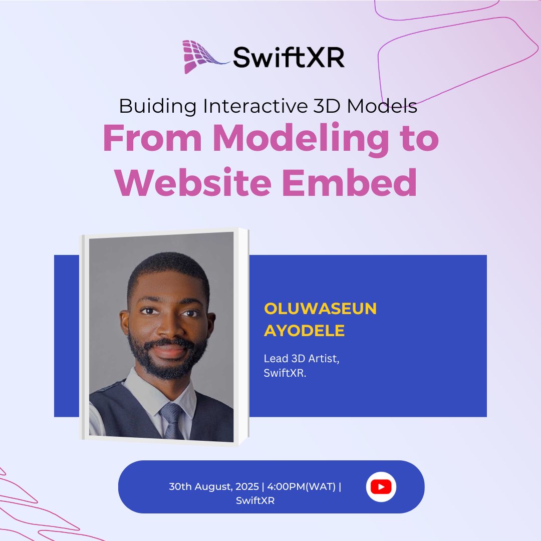 swiftxr_io's tweet image. 🚀 Join us on Aug 30, 2025 | 3–4 PM GMT for a SwiftXR session on building 3D models, from design to website embed! Perfect for creatives, devs & entrepreneurs.
👉 Start creating: home.swiftxr.io
👉 Join community: home.swiftxr.io/community