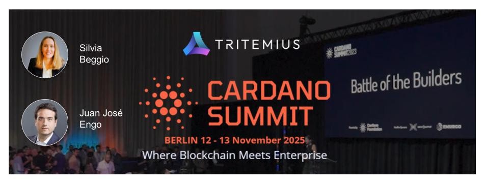 🚀 Tritemius heading to <a href="/CardanoSummit/">Cardano Summit</a> 2025 in Berlin (Nov 12–13) + Battle of the Builders, with our partners Silvia and Juan Jose! 
Excited to meet the #CardanoCommunity and keep building the future of web3!