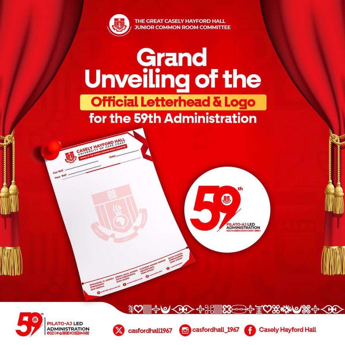 CASFORDHALL1967's tweet image. Unveiling Our Signature Style!
The 59th JCRC introduces its official Letterhead and Logo — a bold step toward professionalism and clear communication in service to CASFORDIANS.

#YouFirst #LeadingWithIntegrity #NyameNeHene
#casfordhall1967