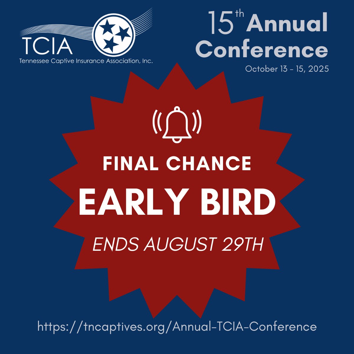 Early bird registration closes TODAY, August 29th for the TCIA 15th Annual Conference! Connect, learn, and lead at the captive insurance industry’s premier event. 

🗓 October 13–15, 2025
📍Nashville, TN

Register here: tncaptives.org/Annual-TCIA-Co…

#TCIA #TNCaptives #CaptiveInsurance