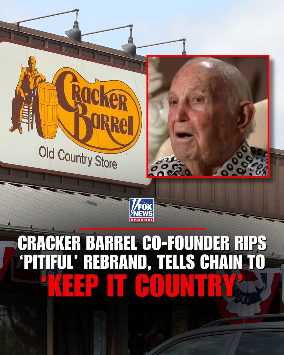 FoxNews's tweet photo. Cracker Barrel's co-founder blasts the chain’s pricey rebrand as “throwing money out the window,” urging it to “keep it country.”

Pointing to new CEO Julie Masino’s Taco Bell background, he asked: “What’s Taco Bell know about country food?” https://t.co/0OqfyPfDBt