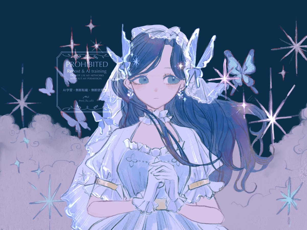 #skeb
 #Commission 
飴空さんを描かせていただきました！青を基調としたデザインが麗しくて素敵です…！！リクエストありがとうございました！🦋✨